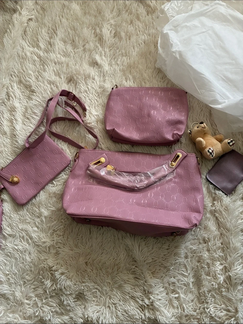 Pink Quilted Women's Handbag Set